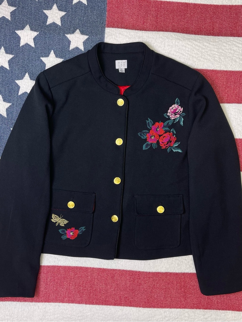 a.n.d eawy Womens Black Floral Embroidered Button Front Lined Jacket Pockets 16